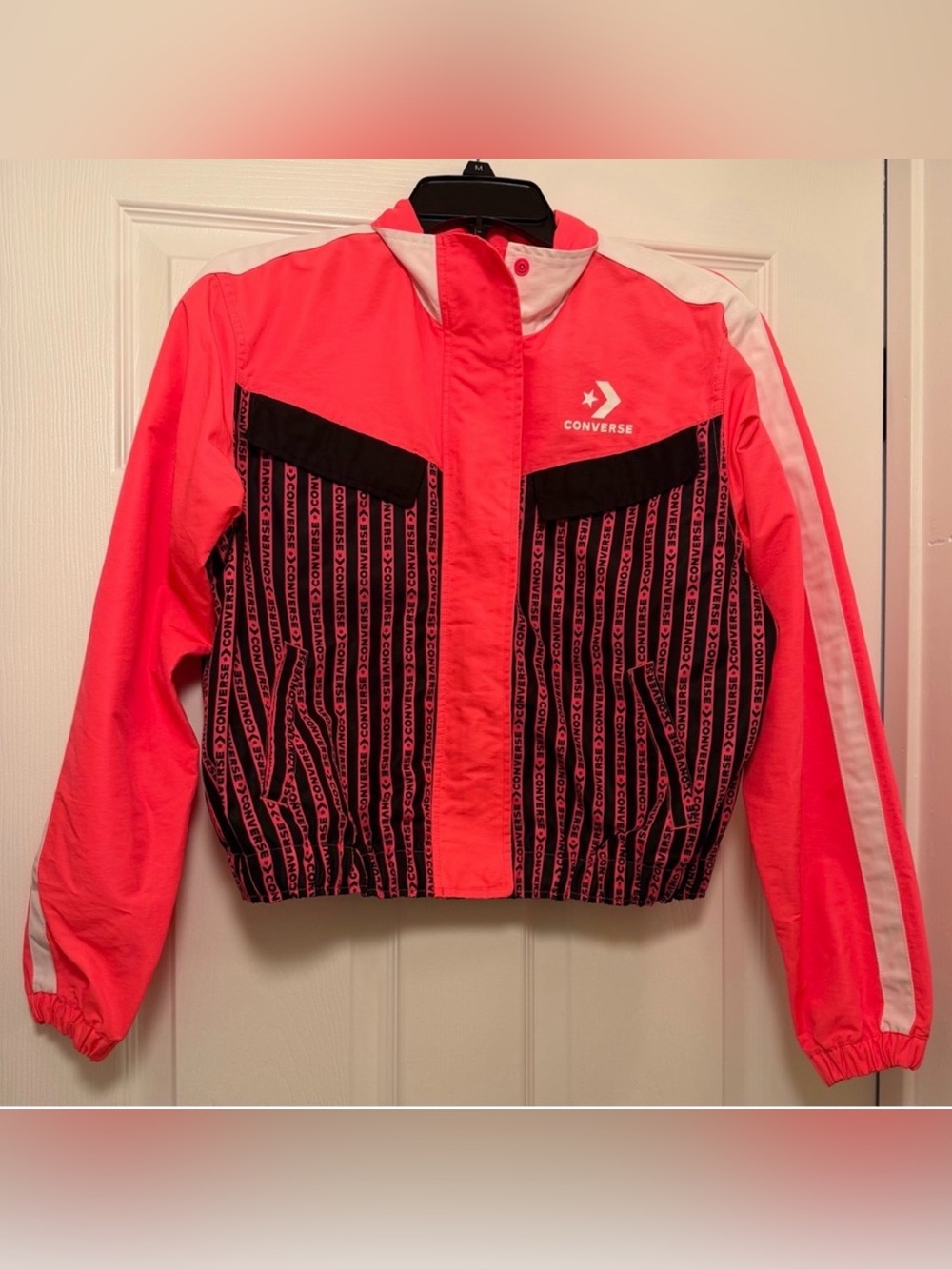 Converse Neon Pink and Black Windbreaker Track Jacket Size Medium